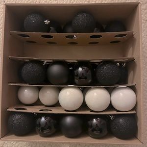 Set of black and white plastic shatterproof Christmas ornaments